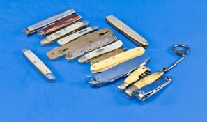 Collection Of 14 Pen/Fruit Knives, Various Ages Some In Silver With Mother Of Pearl Handles.