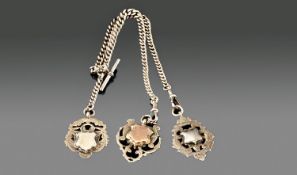 Early 20thC Silver Double Albert Chain, Of Graduating Links With Three Silver Fobs And T-Bar,