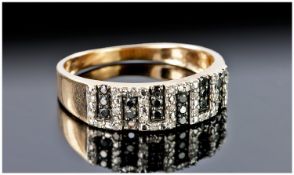 9ct Gold Diamond Band, Set With Round Cut Black & White Diamonds In A Greek Key Design, Fully