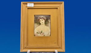 Framed Crystoleum of a Young Art Nouveau Lady. 10 by 11 inches overall. Dated 1911 on reverse. Gilt