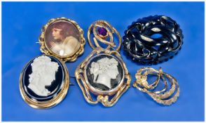 Mixed Lot Of Six Base Metal Brooches, Comprising Two Cameos, Picture Brooch etc