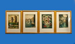 Four Coloured Framed Etchings. Each depicting various scenes, Children playing in a field, Venetian