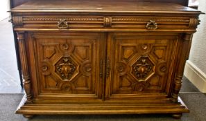 French Walnut Buffet With 2 Geometric Design Doors column sides, C1880-1900. 40`` in height.