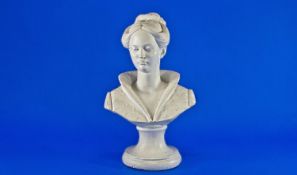 White Painted Bust of a Young Woman, upswept hair and Renaissance style collar, on a circular