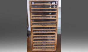 1930/40`s Sylko Oak Bobbin Reel Shop Cabinet, fitted with 8 drawers with brass handles & glass