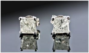 14ct White Gold  Single Stone Diamond Stud Earrings, Each Set With A Princess Cut Diamond Approx .
