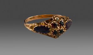 9ct Gold Gemset Dress Ring, Set With Six Amethyst Coloured Stones And Two Seed Pearls, Fully