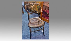 Mid Victorian Black Lacquered Papier Mache Bedroom Chair, the crest rail and back with mother-of-