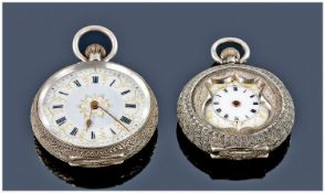 Two Ladies Silver Fob Watches, one with Roman numerals and delicate gilding to face, fancy engraved