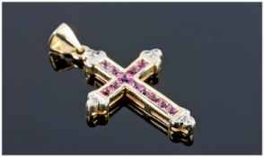 9ct Gold Pendant Cross, Set With Pink Sapphires And Diamond Terminals, Fully Hallmarked, Height