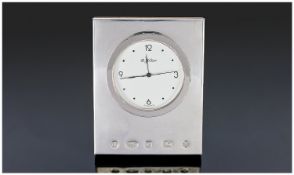 A Stylish Silver Bedside Clock of Minimalist Design. Easel support. Feature hallmarks to the front