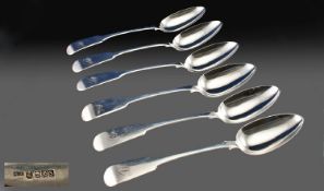 William IV Scottish/Glasgow Very Fine Set Of Six Matching Fiddle Pattern Silver Large Table Spoons,