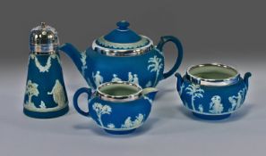 Wedgwood Blue Jasper Ware Teaset comprising teapot, sugar and cream with Adams Jasper Ware sugar