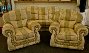 Classic Three Piece Suite, comprising settee and two armchairs, upholstered in Regency stripe.