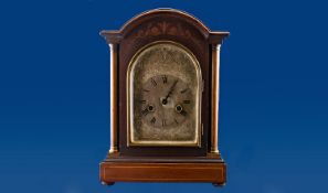 Edwardian Inlaid Mantel Clock with pillared sides, dome top and silvered dial. 14 inches high.