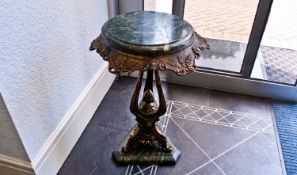 Bronzed Green Marble Topped Pedestal Of Shaped Form On Three Cabriole Feet, terminating on a green