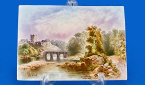 A Handpainted Ceramic Plaque Depicting A Landscape And River View Of Richmond Castle. Signed `J.