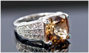 Sterling Silver Dress Ring, Set With A Large Cushion Cut Champagne Topaz, Approx 8.00ct Surrounded
