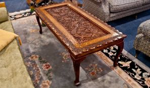 An Intricate Carved Rose Wood Brown Inlaid Indian Coffee Table on cabriole legs, 48x18``