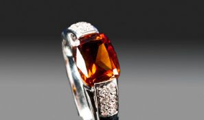 9ct White Gold Dress Ring, Set With A Central Topaz Between Pave Set Diamond Shoulders, Unmarked,