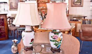 Two Matching Cloisonne Oriental Style Table Lamps, decorated with floral scenes, gilt rims, one