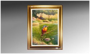 Richard Moseley Kingfisher River Setting Oil on Canvas. Signed, 23 x 17 inches. Gilt wooden frame.