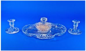 Four Piece Glass dressing table set, comprising of tray, two candle sticks and trinket pot.