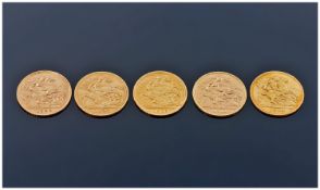 Five Half Sovereigns Dated 1900, 1909, 1893, 1911 & 1904,