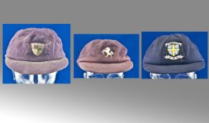 Three Country Cricket Caps. The County caps worn by John Morris-Durham, Mark Ealham-Kent and Jack