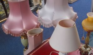 Collection of Five Various Table Lamps, comprising onyx lamp, with pink shade, two porcelain table