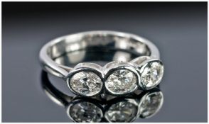 18ct White Gold Diamond Ring, Set With Three Oval Brilliant Cut Diamonds In A Rub Over Setting,