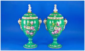 Pair of French Ovoid Goblet Shape Cover Vases, hand painted, showing sprays of pink and white roses