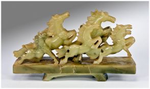 Chinese Early 20th Century Carved Soapstone Group Figure, `Horses at the Gallop`. 7.25 inches high,