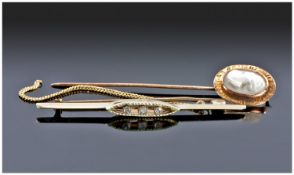 Diamond Set Bar Brooch, Three Central Diamond Set In An Oval Border, Together With A Cameo Stick