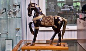 Eastern Model Of A Show Horse, Carved Wooden Horse Overlaid In Tooled Copper And Brass, Mounted On