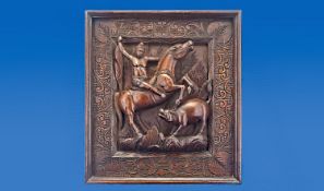 Good Quality Carved Wood Wall Plaque, depicting a man on horse back hunting a wild boar with an