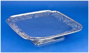 Art Deco Fine Silver Square Shaped Footed Dish, By Frank Cobb with fine openwork borders and