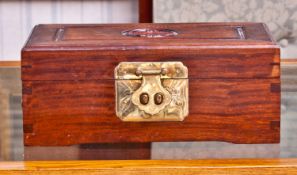 Oriental Style Hardwood Jewellery Casket, Brass Mounts With Hinged Top, Lined Interior With