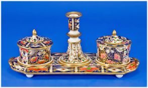 One Royal Crown Derby Imari 3 Piece Dressing Table Set, comprises stand, small candle stick and 2
