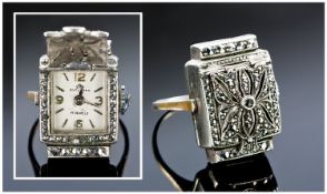 Silver Bucherer Novelty Watch Ring, Set With Marcasites, Ring Size Q. Marked 800. A/F