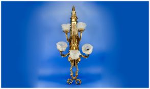 Pair of Rococo Ormolu Style Gilt Wall Mounted Light Fittings, both of five branch, with ribbon work