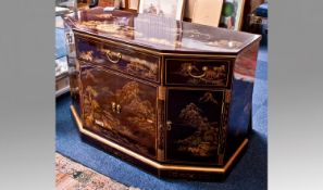 Oriental Style Lacquered Sideboard, with canted sides, sinlge short drawer to each side, drawer to
