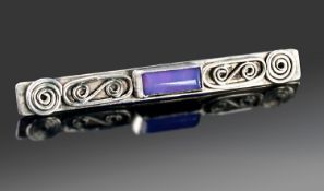 Silver Stone Set Bar Brooch, Of Rectangular Form With Central Iridescent Stone & Applied Wire Work