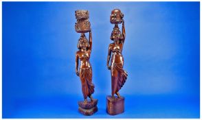 Balinese Pair Of Hand Crafted Hardwood Sculptures/Statues. Klunghung marked to base. Women carrying