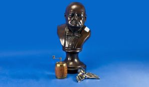 Cast Resin Bust of Winston Churchill, Height 12 Inches. Together With A White Metal Cast `Pilot