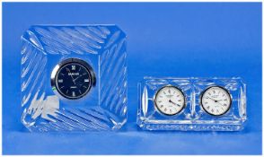 Waterford and Edinburgh Crystal Quartz Clocks, the Waterford, square with canted corners and with a