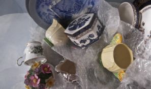 Box of Miscellaneous Ceramics including Booths `Real Old Willow` trinkets, Carlton Ware and