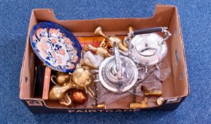Box of Metalware, including, various Oriental brassware, tin dish, etc.