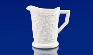 Sowerby Style White Pressed Glass Cream Jug with leaf and blossom pattern in low relief; 3.5 inches