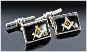 Gents Silver Cufflinks, The Rectangular Fronts Showing Masonic Emblems, Chain Fittings. Stamped 925